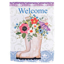 Dicksons Magnolia Garden Floral Boots 18 x 13 Inch Weather Resistant Polyester Outdoor Flag Decoration For Garden, Yard, Or Walkway, Pink, Purple, & Blue Welcome