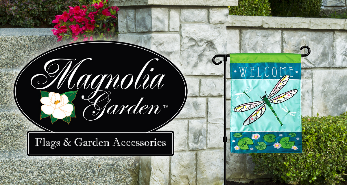 Magnolia Garden logo with text, " Flags & Garden Accessories" and Welcome blue and green dragonfly flag