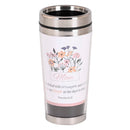 Dicksons Mom She Is Clothed With Strength And Dignity White And Pastel Pink And Yellow 16 Ounce Stainless Steel Travel Mug Tumbler With Screw On Sliding Lid