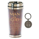 Dicksons Man of God, Woodgrain Look Insulated 16 Oz. Stainless Steel Travel Mug with Lid & Christian Cross Philippians 4:13 Metal Key Ring for Keychain, 2-Piece Set
