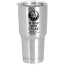 Dicksons Basketball In Jesus Name I Play - 1 Corinthians 10:31-8 Inch - 30 Ounce Silver and Black Stainless Steel and Plastic Insulated Travel Mug with Lid