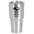 Dicksons Football In Jesus Name I Play - 1 Corinthians 10:31-8 Inch - 30 Ounce Silver and Black Stainless Steel and Plastic Insulated Travel Mug with Lid