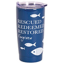 Dicksons Rescued Redeemed Restored Forgiven - 20 Ounce Blue and White Stainless Steel and Plastic Insulated Travel Mug with Lid