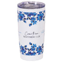 Dicksons Inspirational Christian Travel Tumbler Cup, Hot or Iced Beverage, 20 Ounce Stainless Steel With Sliding Lid Blue Floral Come to Me