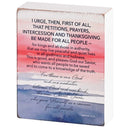 Dicksons Thanksgiving Be Made For All People - 1 Timothy 2:1-6 - 4 x 3 Inch Red/White/Blue MDF Wood Block Sign for Tabletop