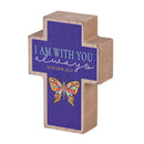 Dicksons I Am with You Always Butterfly Woodgrain and Purple 3 x 4 Wood Distressed Cross Shaped Decorative Tabletop Plaque Home Décor