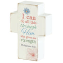 Dicksons I Can Do All This Encouraging Verse Leaf Design Distressed Finish White 4 x 2.75 MDF Tabletop Cross Shaped Plaque