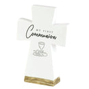 Dicksons My First Communion Woodgrain Base Engraved Decorative White 6 x 3 Resin Tabletop Cross