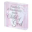 Dicksons Fearfully Wonderfully Made - Child Of God, Pink/White 3 x 3 Inch Glass Tabletop Sign Plaque,