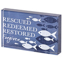 Dicksons Rescued Redeemed Restored Forgiven - 4 x 2.5 Inch Blue Glass Tabletop Block Sign