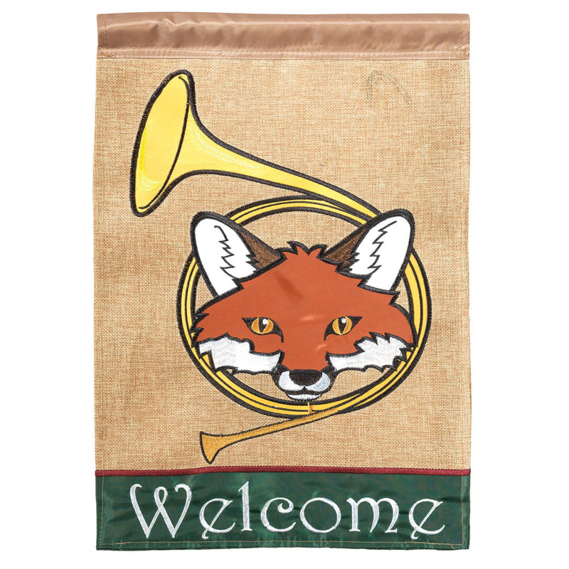 Welcome Fox and Hunting Horn 18 x 13 Rectangular Burlap Double Applique Small Garden Flag