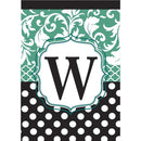 Monogram W Filigree Aqua and Black Polka Dot 18 x 13 Rectangular Double Applique Small Garden Flag