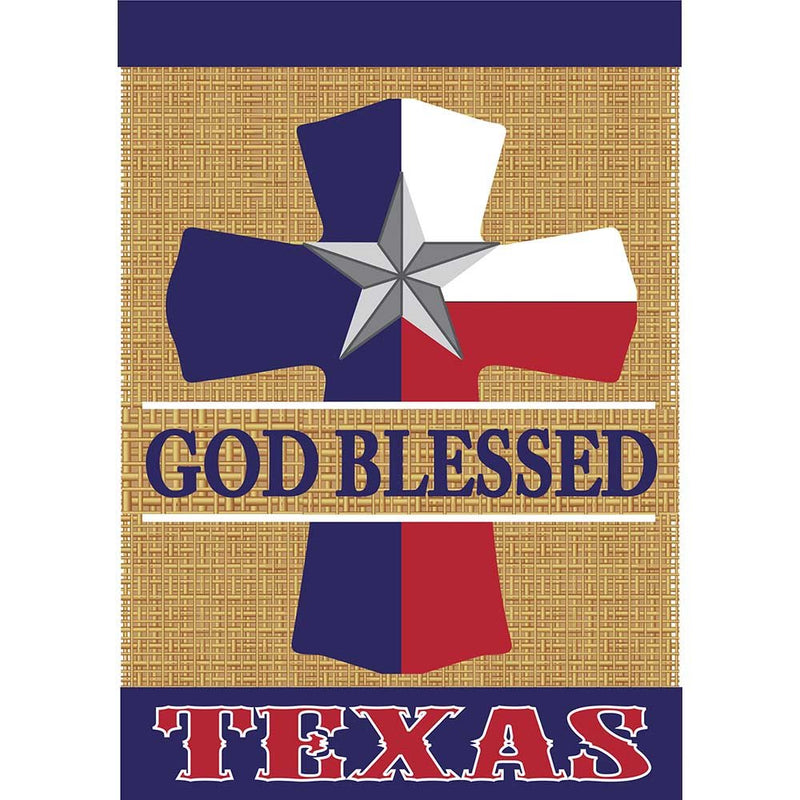 God Blessed Texas Cross Barn Star 18 x 13 Rectangular Burlap Double Applique Small Garden Flag