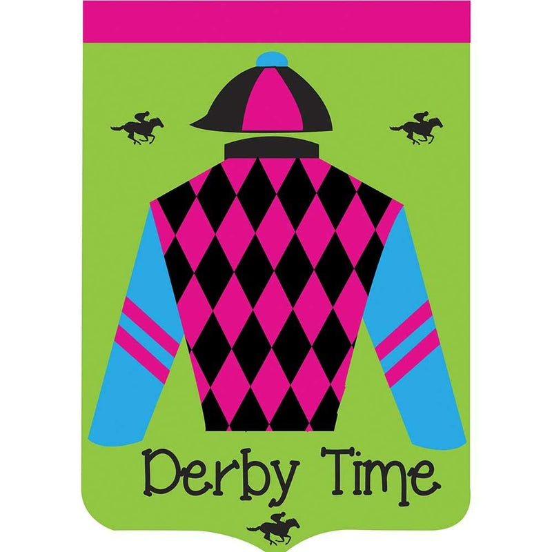 Derby Time Jockey and Horse 18 x 13 Shield Shape Double Applique Small Garden Flag