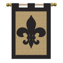 Solid Black Fleur de Lis on Burlap 18 x 13 Rectangular Double Applique Tab Top Small Garden Flag