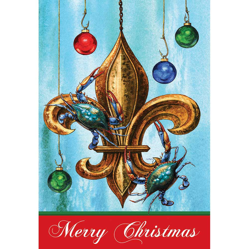 Merry Christmas Blue Crabs on Fleur de Lis 18 x 13 Rectangular Screenprint Small Garden Flag