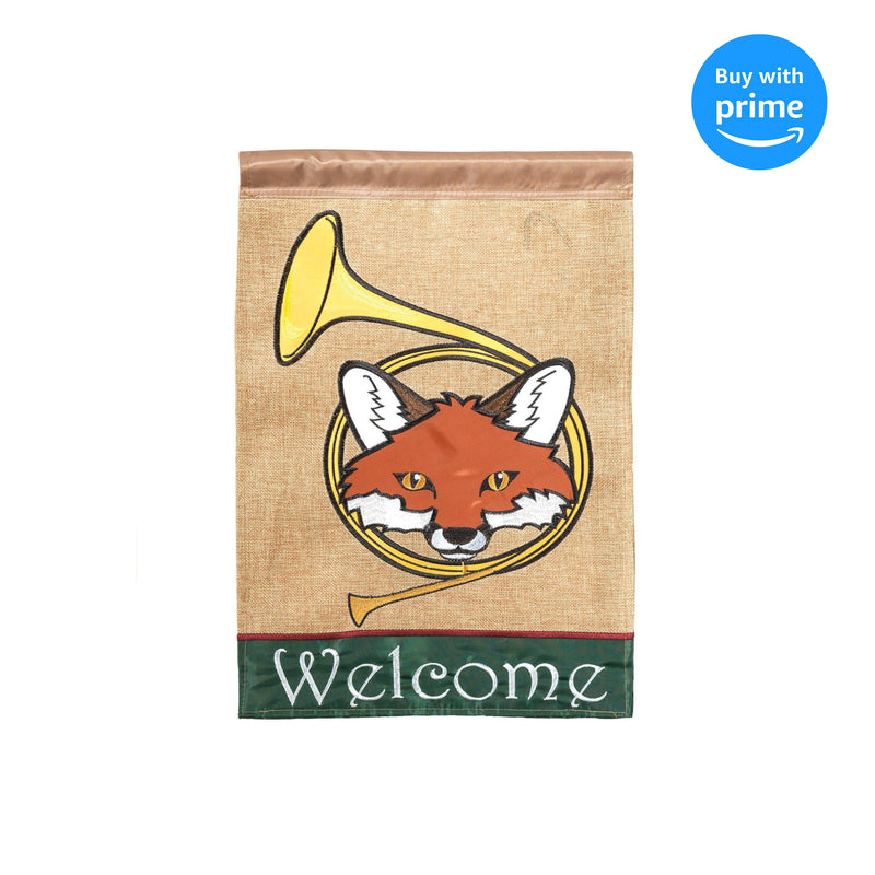 Welcome Fox and Hunting Horn 18 x 13 Rectangular Burlap Double Applique Small Garden Flag