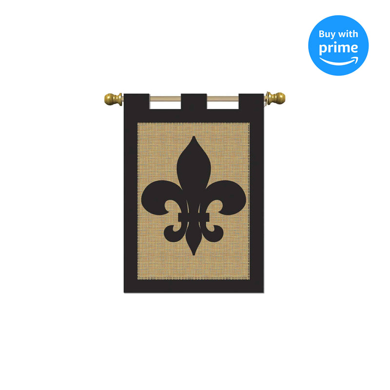 Solid Black Fleur de Lis on Burlap 18 x 13 Rectangular Double Applique Tab Top Small Garden Flag