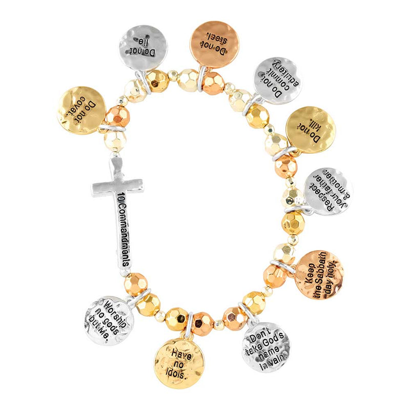 Dicksons Ten Commandments Cross with Charms Silver-Plated Women's Stretch Bangle Bracelet