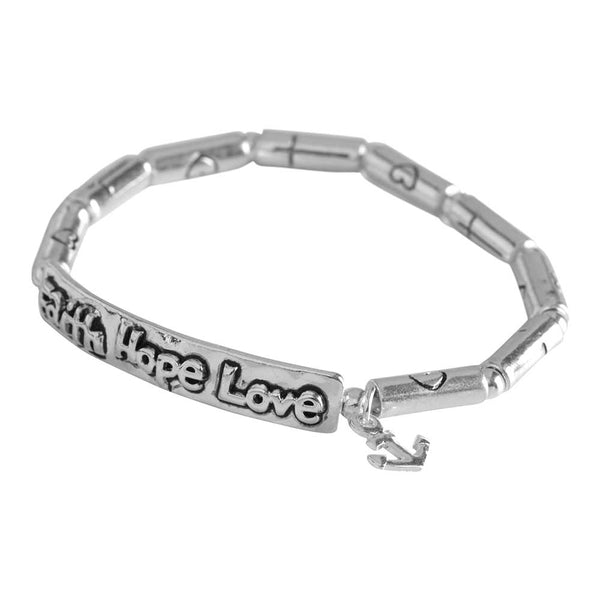 Dicksons Faith, Hope, Love Bar Anchor Cross Silver-Plated Women's Stretch Bangle Bracelet