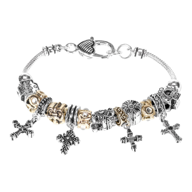 Dicksons Silver Crosses and Gold Accents Silver Plated Women's One Size Adjustable Snake Chain Charm Bead Bracelet