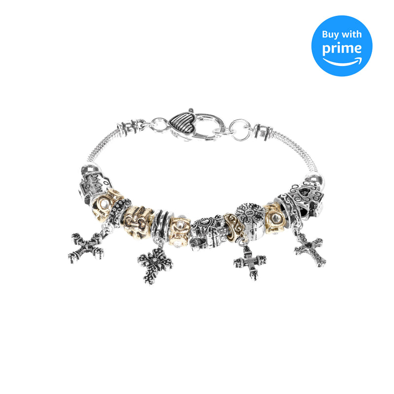 Dicksons Silver Crosses and Gold Accents Silver Plated Women's One Size Adjustable Snake Chain Charm Bead Bracelet