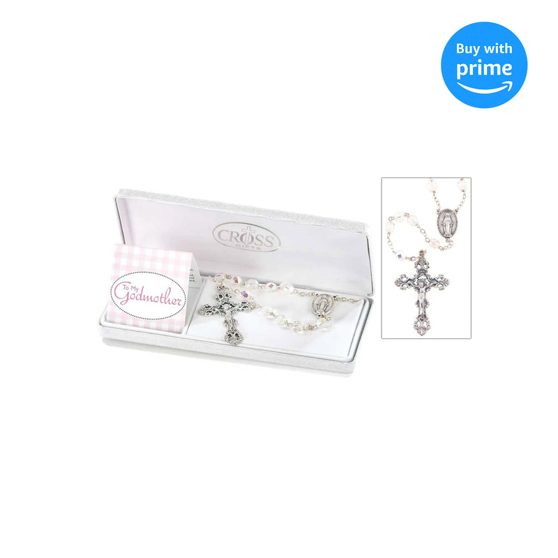 Dicksons To My Godmother Thank You 23 Inch Silver Plated Crystal Clear 7 mm Beaded Rosary in Jewelry Gift Box