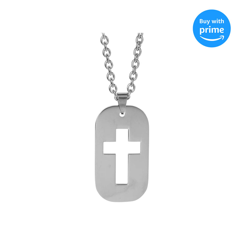 Dicksons Man of God Prayer Dogtag Cutout Silhouette Cross Pendant Men's 24 Inch Silver Stainless Steel Everyday Necklace in Jewelry Box with Sentiment Card
