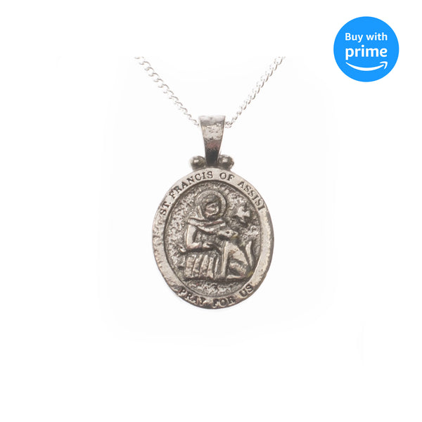 Dicksons Saint Francis of Assisi Pray for Us Engraved Pendant 18 Inch Oval Silver Oxidized Pewter Neckace in Jewelry Box with Prayer Card