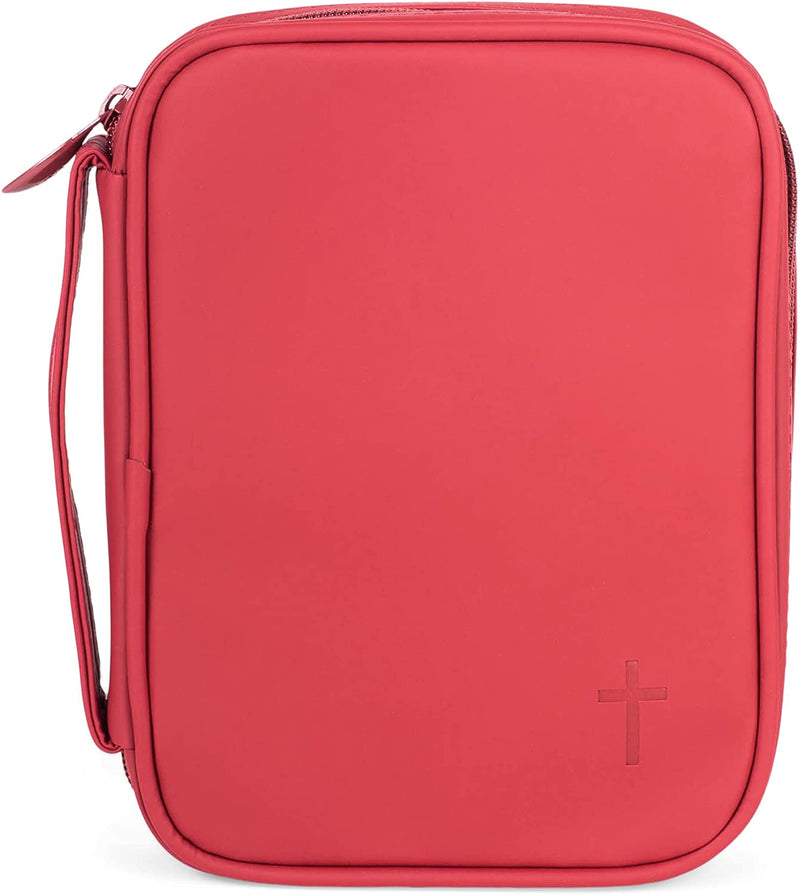 Matte Red Stitched Cross 8 x 6 Fabric  Zippered Bible Cover Case with Handle, Compact
