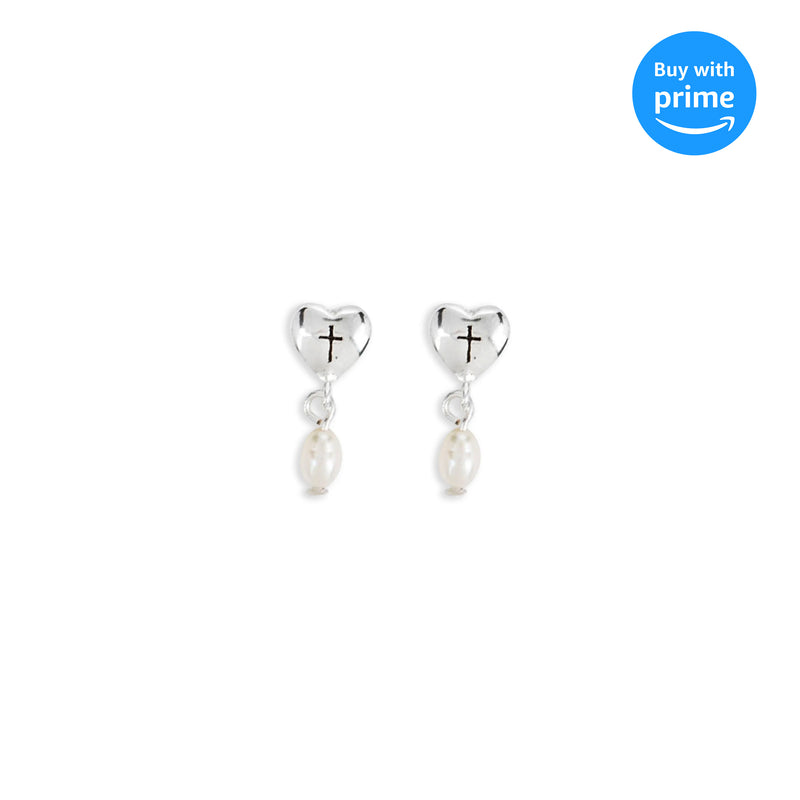 First Holy Communion Heart Cross Pearl Drop Girl's One Size Silver-Plated Earrings