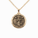 Dicksons Saint Francis of Assisi Pray for Us Engraved Pendant 18 Inch Round Gold Oxidized Pewter Neckace in Jewelry Box with Prayer Card