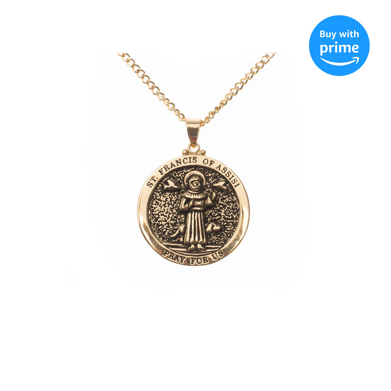 Dicksons Saint Francis of Assisi Pray for Us Engraved Pendant 18 Inch Round Gold Oxidized Pewter Neckace in Jewelry Box with Prayer Card