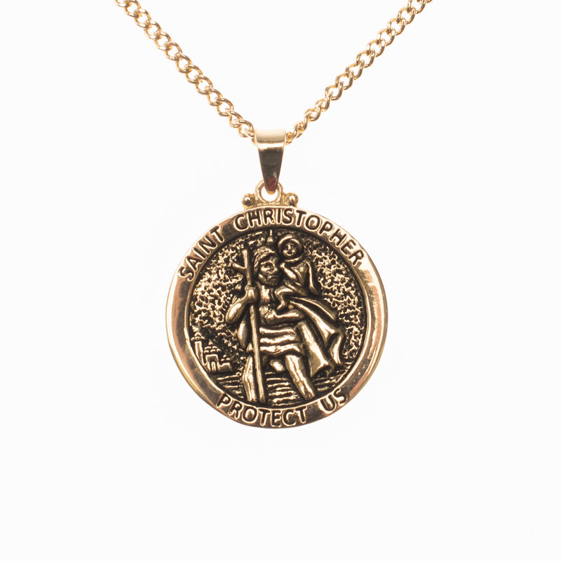 Dicksons Saint Christopher Protect Us Engraved Pendant 24 Inch Round Gold Oxidized Pewter Neckace in Jewelry Box with Prayer Card