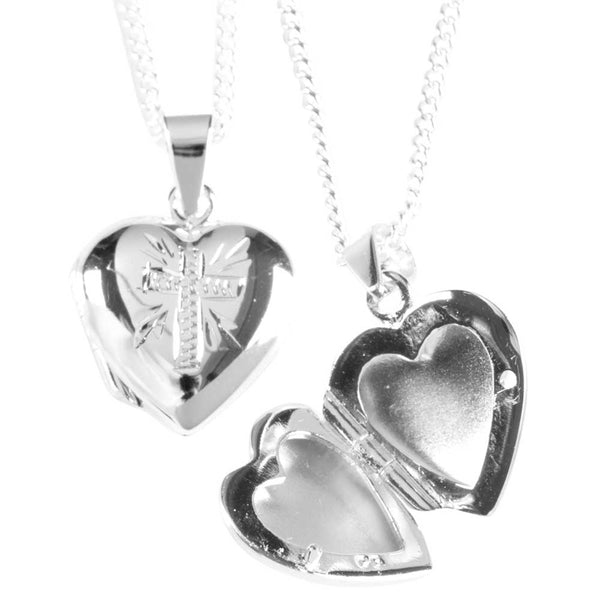 Dicksons Heart Locket with Detailed Cross Design Silver-Plated 18-Inch Pendant Necklace
