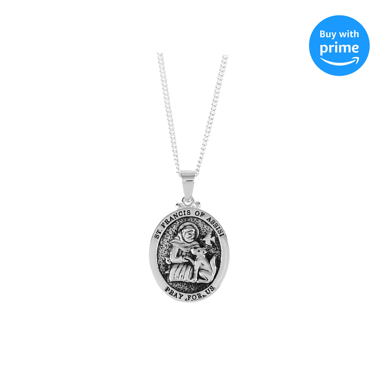 Sterling Silver St. Francis Of Assisi Medal Pendant Necklace - 18" Chain With Cubic Zirconia