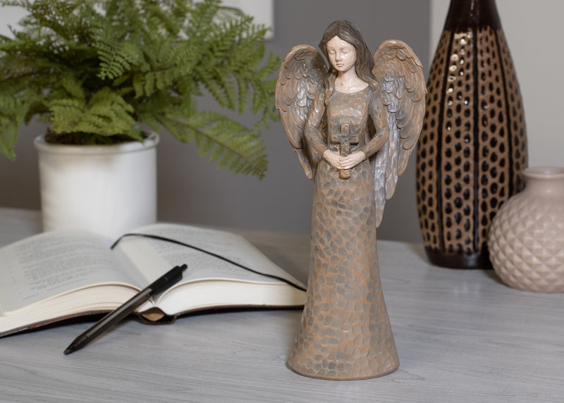 Cinnamon Brown Textured Angel with Cross 10 inch Resin Decorative Tabletop Figurine