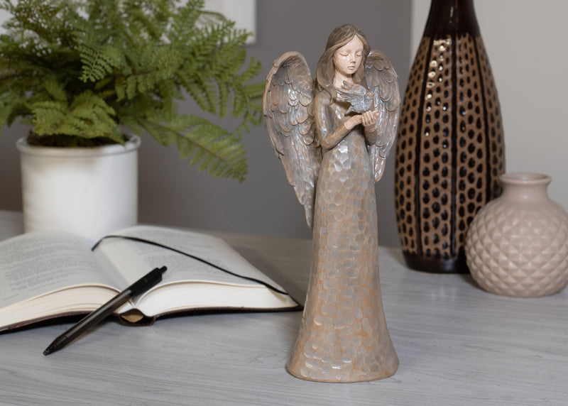 Cinnamon Brown Textured Angel with Dove 10 inch Resin Decorative Tabletop Figurine