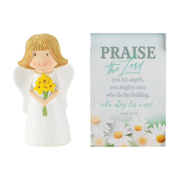 Angel Yellow Floral Bouquet 2.5 inch Resin Decorative Tabletop Figurine and Pocket Card