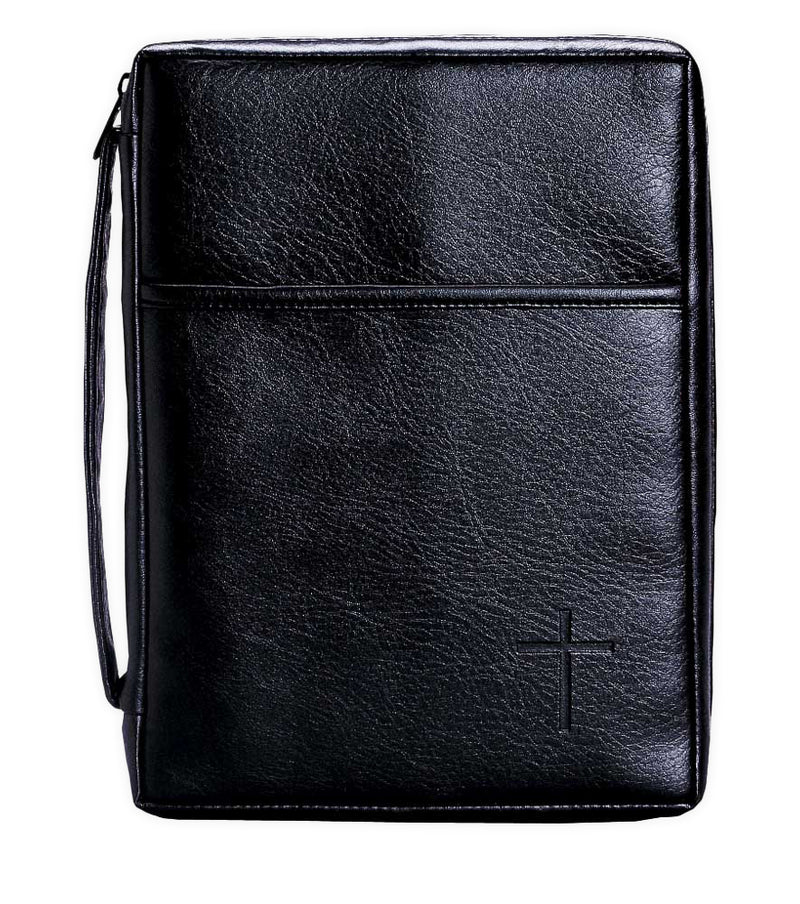 Soft Black Embossed Cross with Front Pocket Leather Look Bible Cover with Handle, Small