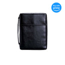 Soft Black Embossed Cross with Front Pocket Leather Look Bible Cover with Handle, Small