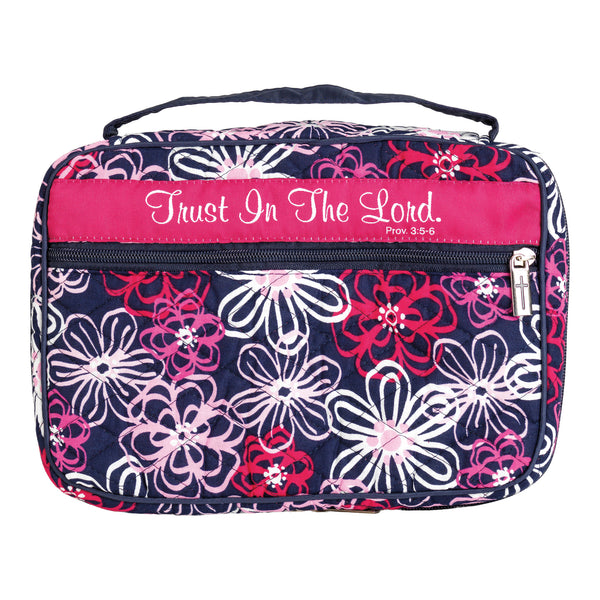 Pink Floral Trust Him Quilted 11.25 x 7.75 Fabric Zippered Bible Cover Case Handle, Large Print