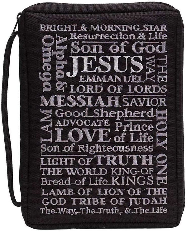 Black Names of Jesus Embroidered Polyester Bible Cover Case with Handle, (Maxi) 2X-Large