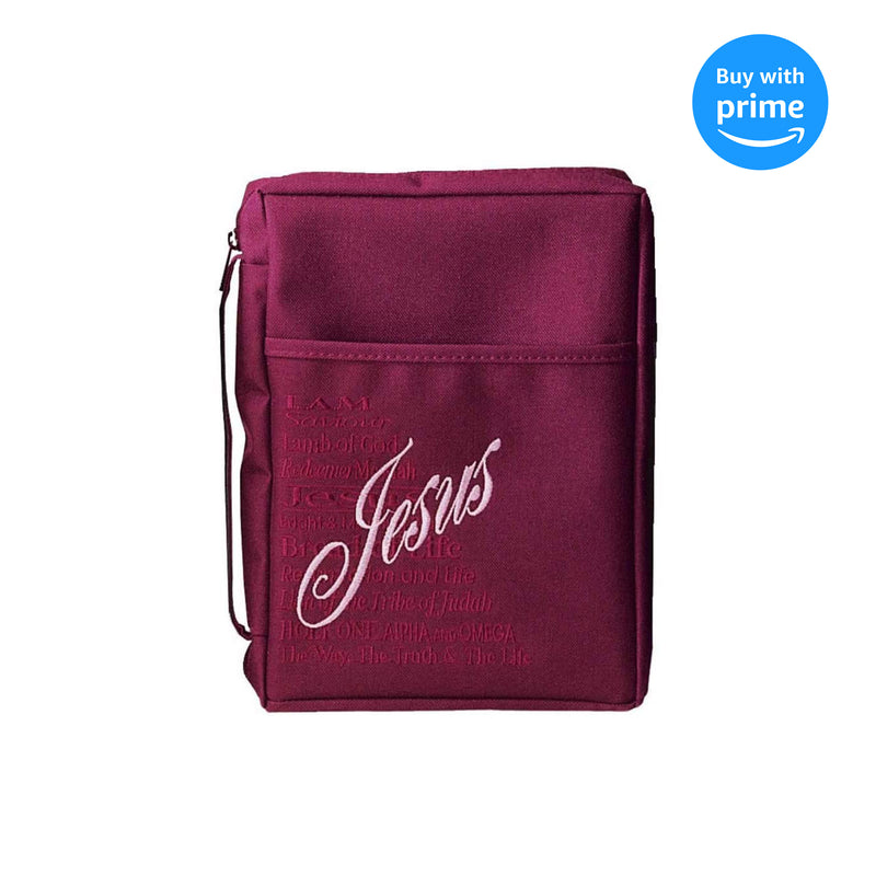 Burgundy Jesus Embroidered Polyester Bible Cover Case with Handle, X-Large