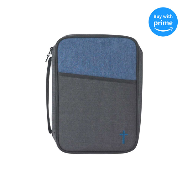Gray and Blue Reinforced Polyester Bible Cover Case with Handle, Thinline