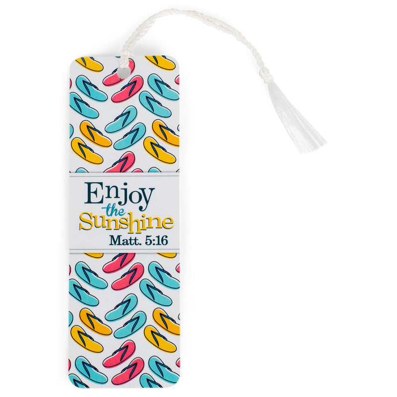 Enjoy Sunshine Yellow Teal Flip Flop 2 x 6 Paper Keepsake Bookmark with Tassel