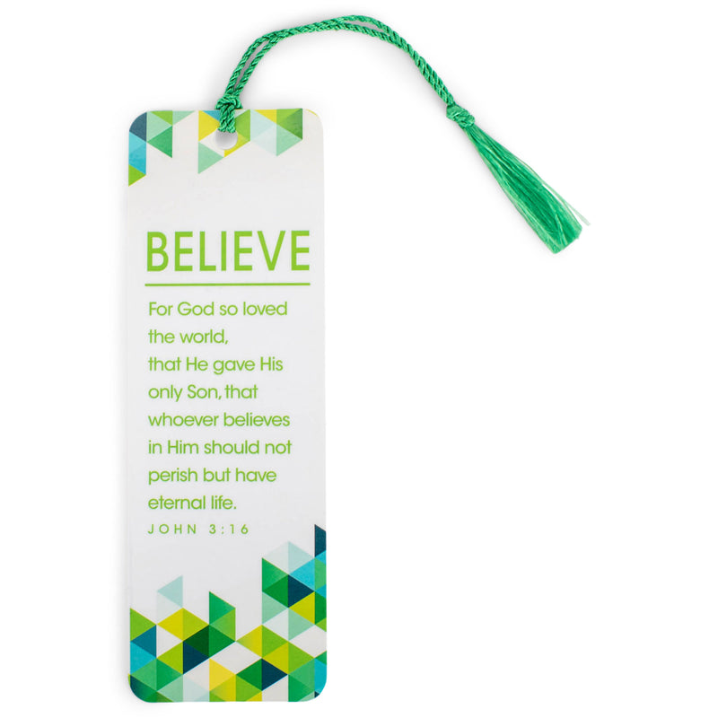 Believe Green Geometric 2 x 6 Paper Keepsake Bookmark with Tassel