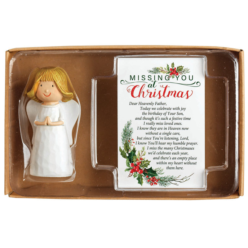 Missing You at Christmas White Angel 3.5 x 5.5 Resin Decorative Tabletop Cross with Card