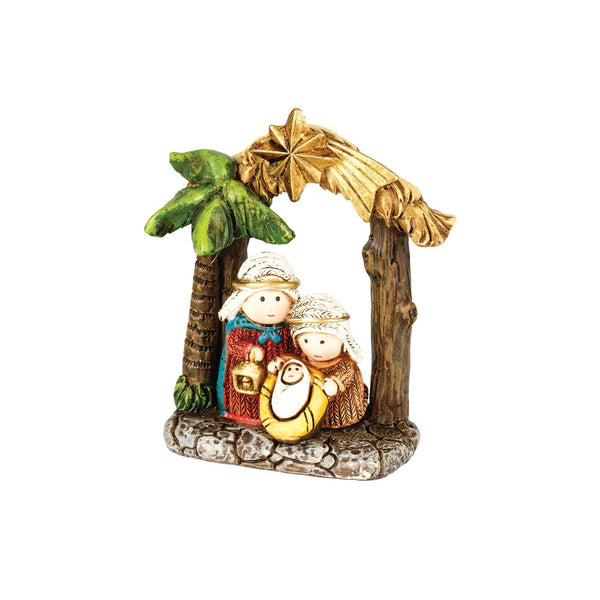 Distressed Brown Stone Look Holy Family in Creche 3 x 2.5 Resin Decorative Tabletop Figurine