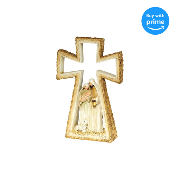 Golden Brown Holy Family in Cross 8.5 x 5.5 Resin Decorative Tabletop Figurine